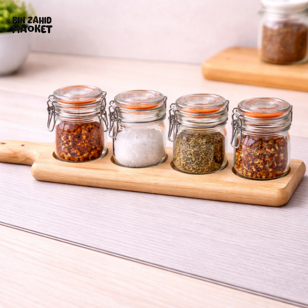 DANNY HOME GLASS SPICE JAR SET WITH WOODEN STAND – AIRTIGHT SEASONING CONTAINERS FOR KITCHEN ORGANIZATION -1900-28