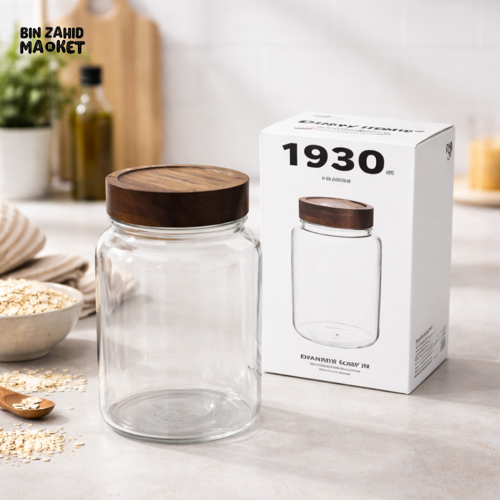 DANNY HOME GLASS STORAGE JAR WITH WOODEN LID 1930ML AIRTIGHT KITCHEN CONTAINER FOR FOOD STORAGE (1966-88)