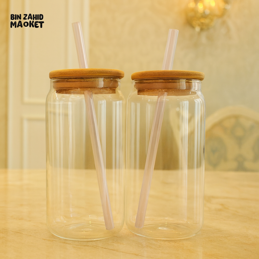 DANNY HOME GLASS TUMBLER JARS WITH BAMBOO LIDS AND STRAWS 2 PIECE SET CB 155