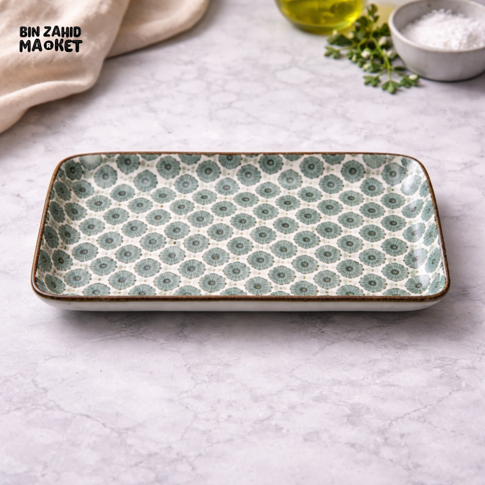 DANNY HOME GREEN GEOMETRIC PATTERN CERAMIC RECTANGULAR PLATE 9 INCH PREMIUM SERVING DISH MODERN DESIGN 90CFP 2063-2