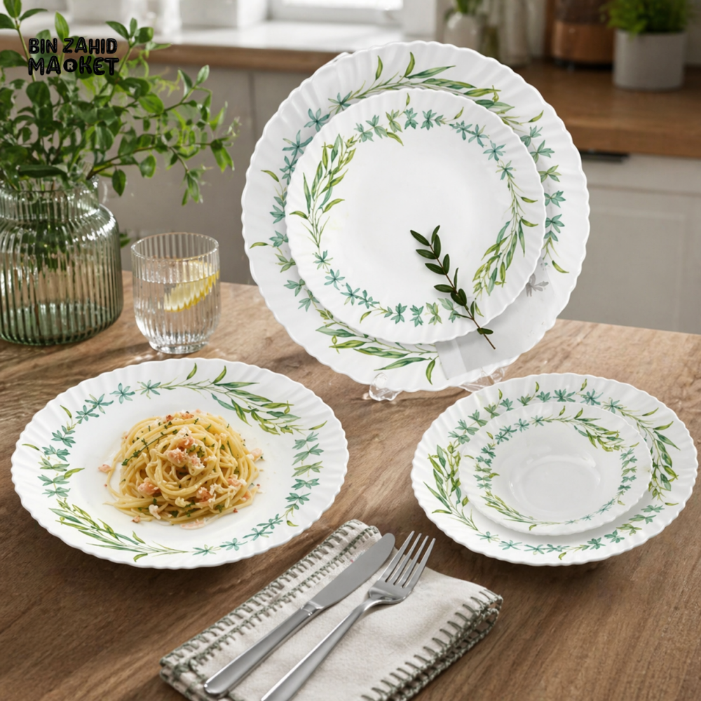 DANNY HOME GREEN LEAF PORCELAIN DINNERWARE SET 24PCS PREMIUM PLATES & BOWLS DINNER SET LXP24F-V