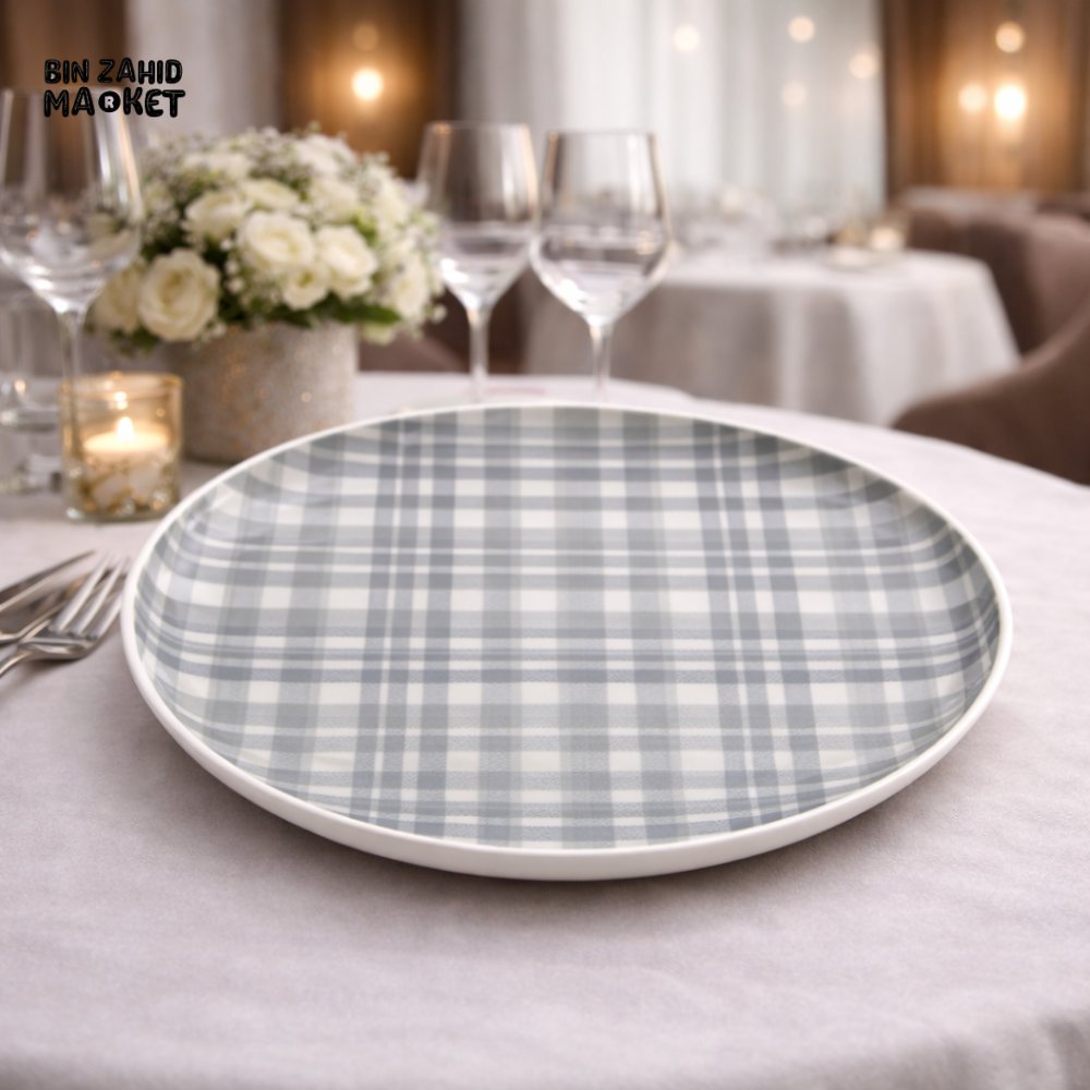 DANNY HOME GREY PLAID CERAMIC DINNER PLATE – MODERN STONEWARE SERVING PLATE FOR STYLISH TABLE SETTING - SF11-1