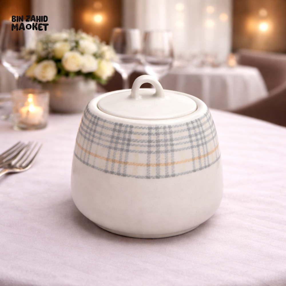DANNY HOME GREY PLAID CERAMIC SUGAR BOWL WITH LID – MODERN STONEWARE STORAGE JAR FOR ELEGANT TABLE SETTING