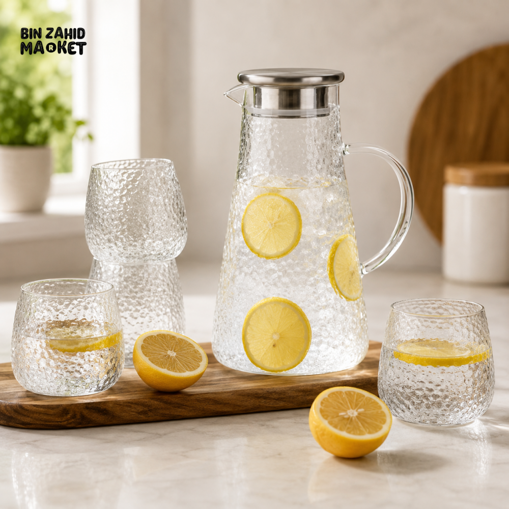 DANNY HOME HAMMERED GLASS WATER PITCHER WITH LID AND DRINKING GLASSES SET - 5 PIECE SET