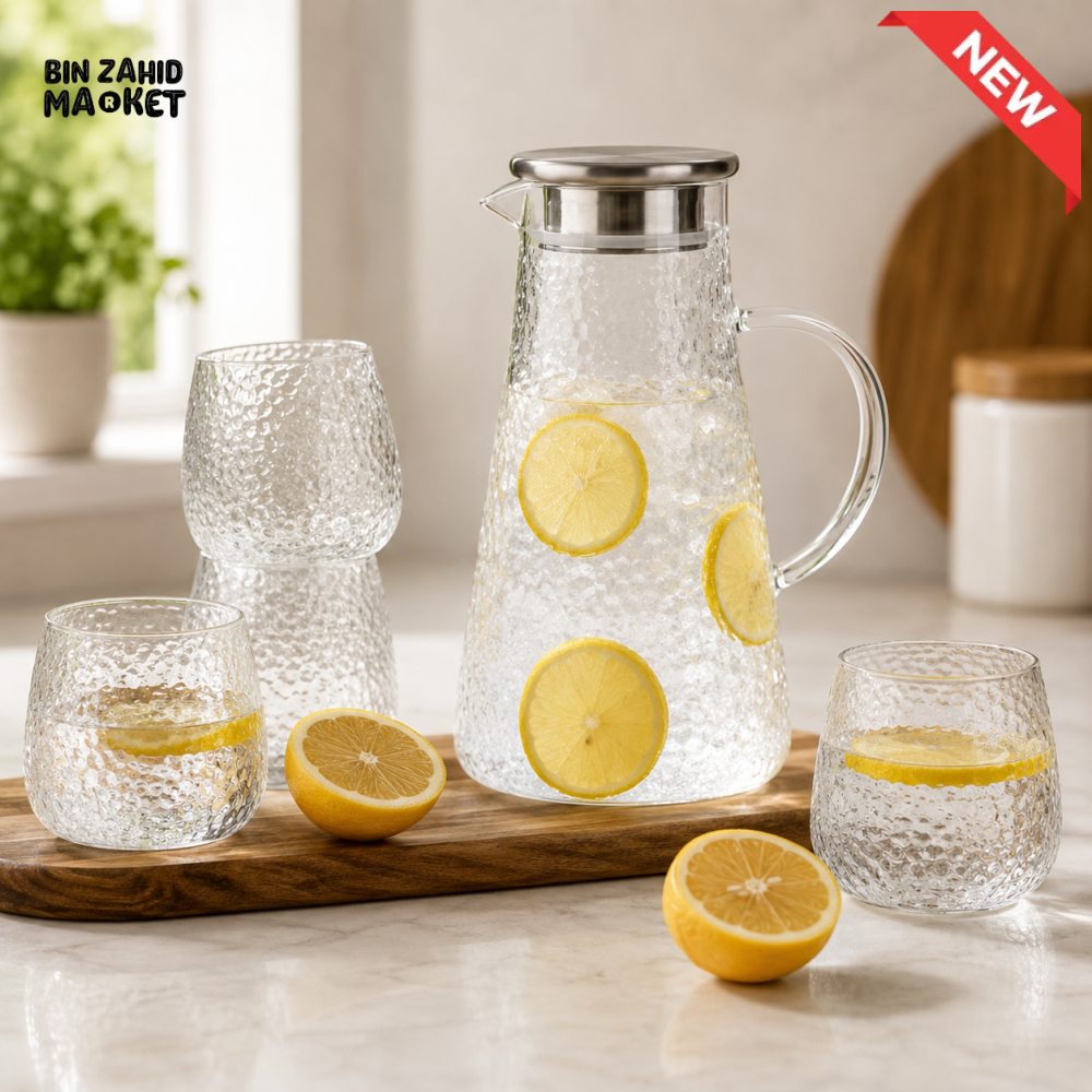 DANNY HOME HAMMERED GLASS WATER PITCHER WITH LID AND DRINKING GLASSES SET - 5 PIECE SET