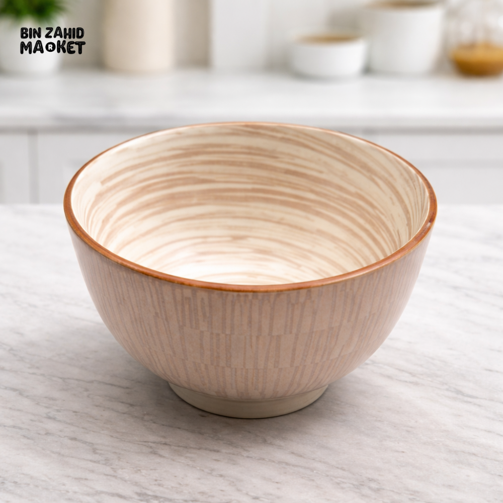 HANDMADE WOOD-TEXTURE CERAMIC BOWL – RUSTIC BROWN STRIPED SERVING BOWL (15CM)