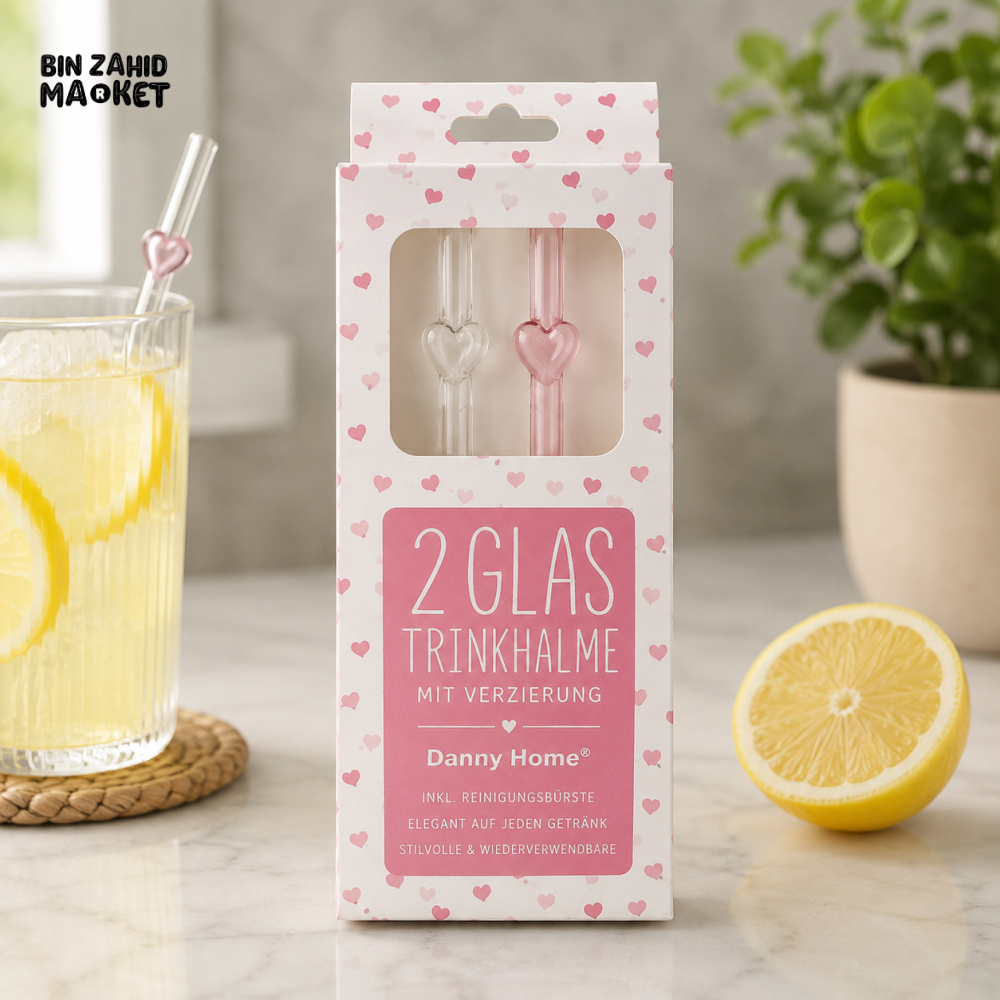 DANNY HOME HEART DESIGN REUSABLE GLASS DRINKING STRAWS - 2 PIECE SET