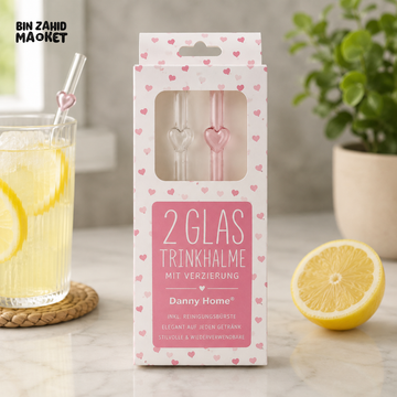 DANNY HOME HEART DESIGN REUSABLE GLASS DRINKING STRAWS - 2 PIECE SET