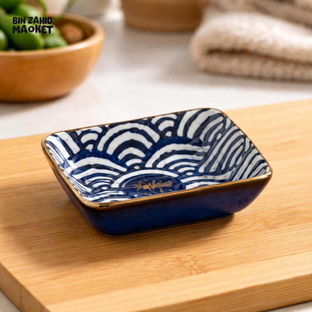 JAPANESE STYLE CERAMIC SOY SAUCE DISH – BLUE & WHITE SEIGAIHA WAVE SQUARE DIPPING BOWL