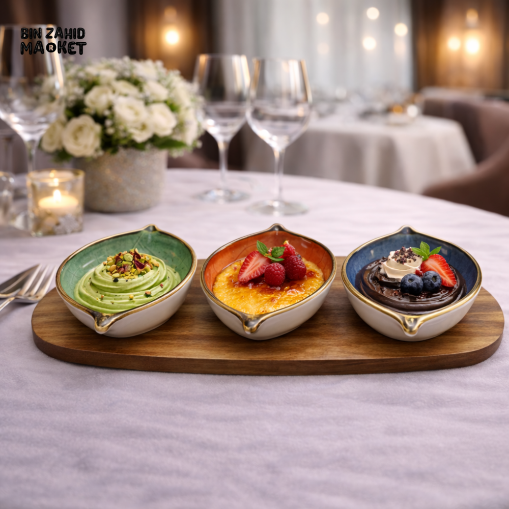 DANNY HOME LUXURY 4 PIECE LEAF CERAMIC DESSERT BOWL SET WITH WOODEN TRAY - CZT21-57