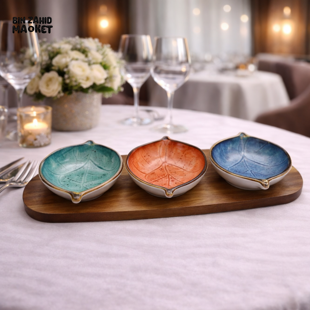 DANNY HOME LUXURY 4 PIECE LEAF CERAMIC DESSERT BOWL SET WITH WOODEN TRAY - CZT21-57