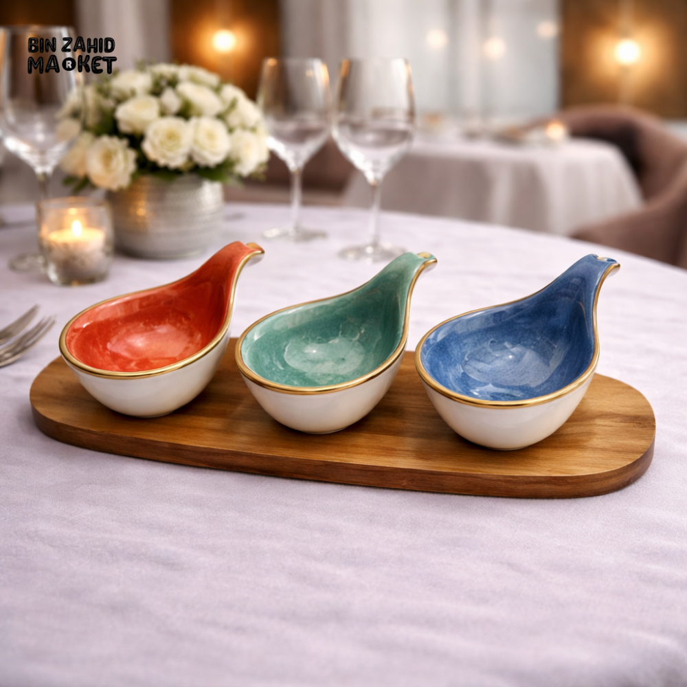 DANNY HOME LUXURY 4 PIECE LEAF CERAMIC DESSERT SET WITH WOODEN TRAY - CZT21-61