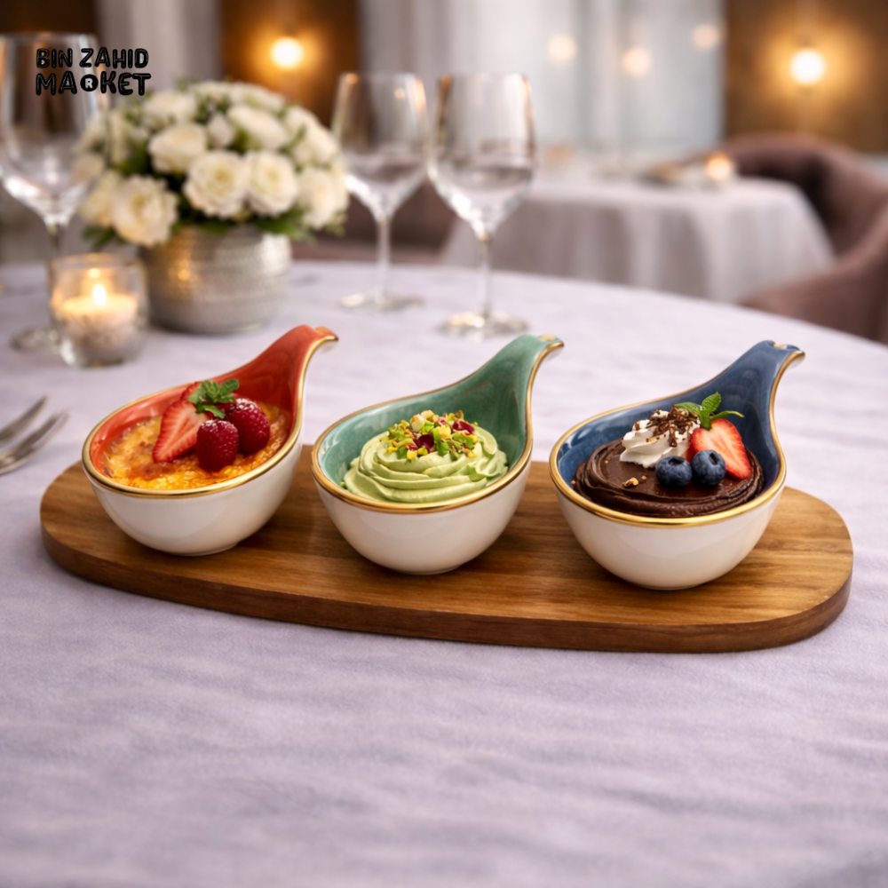 DANNY HOME LUXURY 4 PIECE LEAF CERAMIC DESSERT SET WITH WOODEN TRAY - CZT21-61