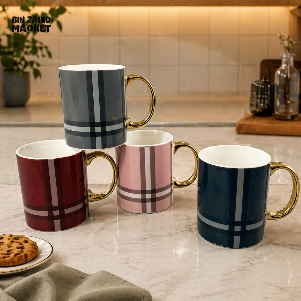 DANNY HOME LUXURY PLAID CERAMIC MUG WITH GOLD HANDLE 350ML PREMIUM COFFEE CUP BZ01-1