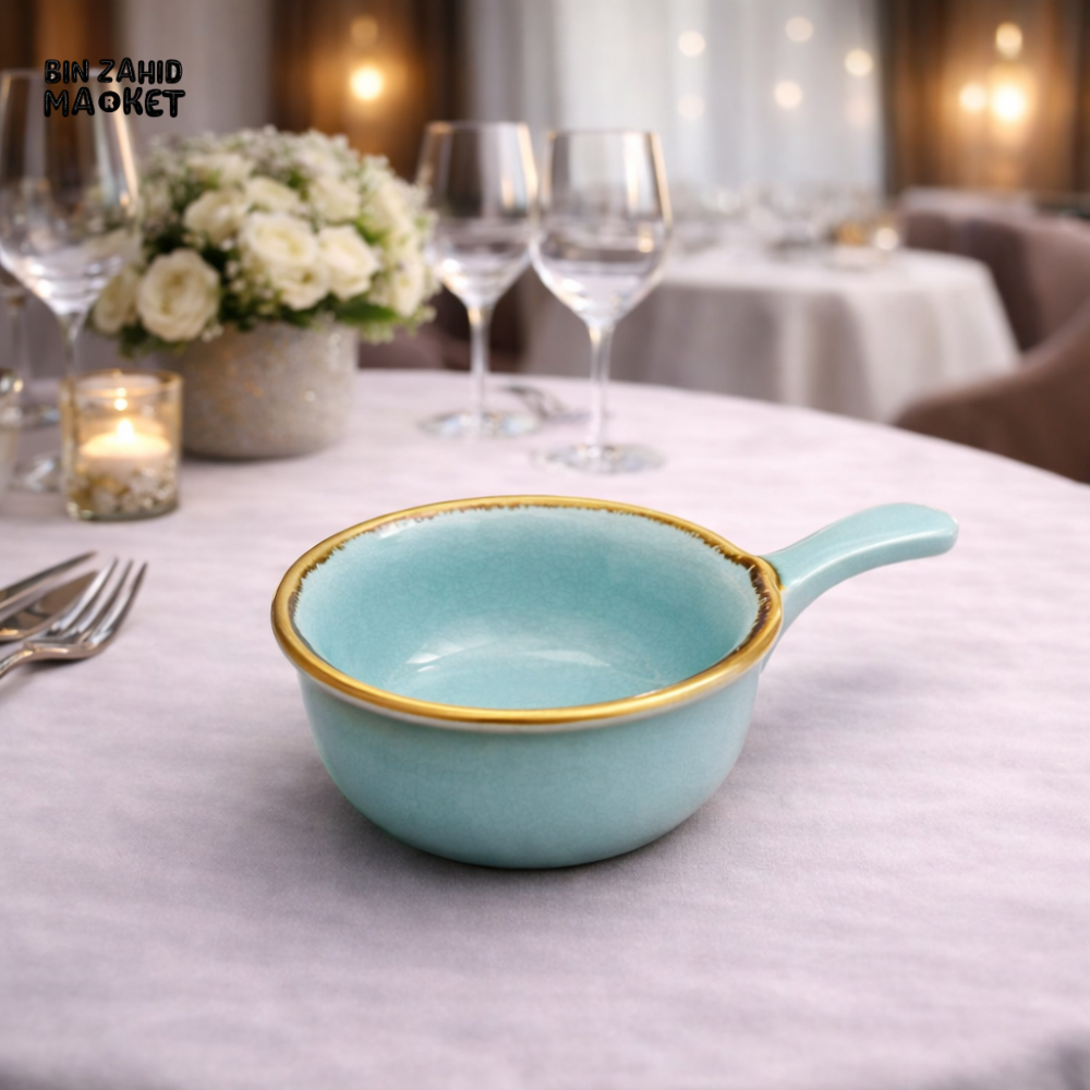 DANNY HOME LUXURY TURQUOISE CERAMIC SAUCE BOWL WITH HANDLE – GOLD RIM DESIGN - CZT13-62