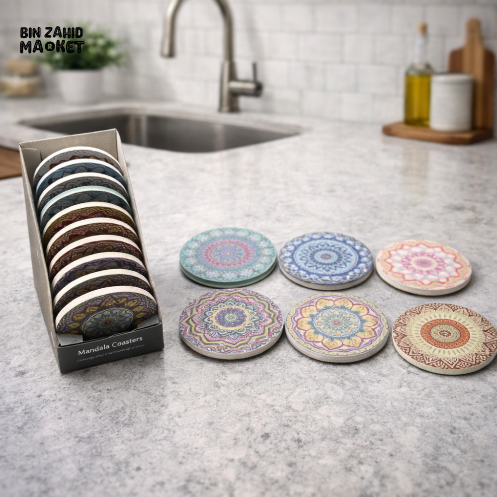 MANDALA DESIGN ABSORBENT DRINK COASTERS SET WITH HOLDER