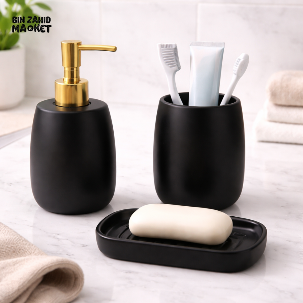 DANNY HOME MATTE BLACK SOAP DISPENSER TOOTHBRUSH HOLDER & SOAP DISH SET -CZT34-13