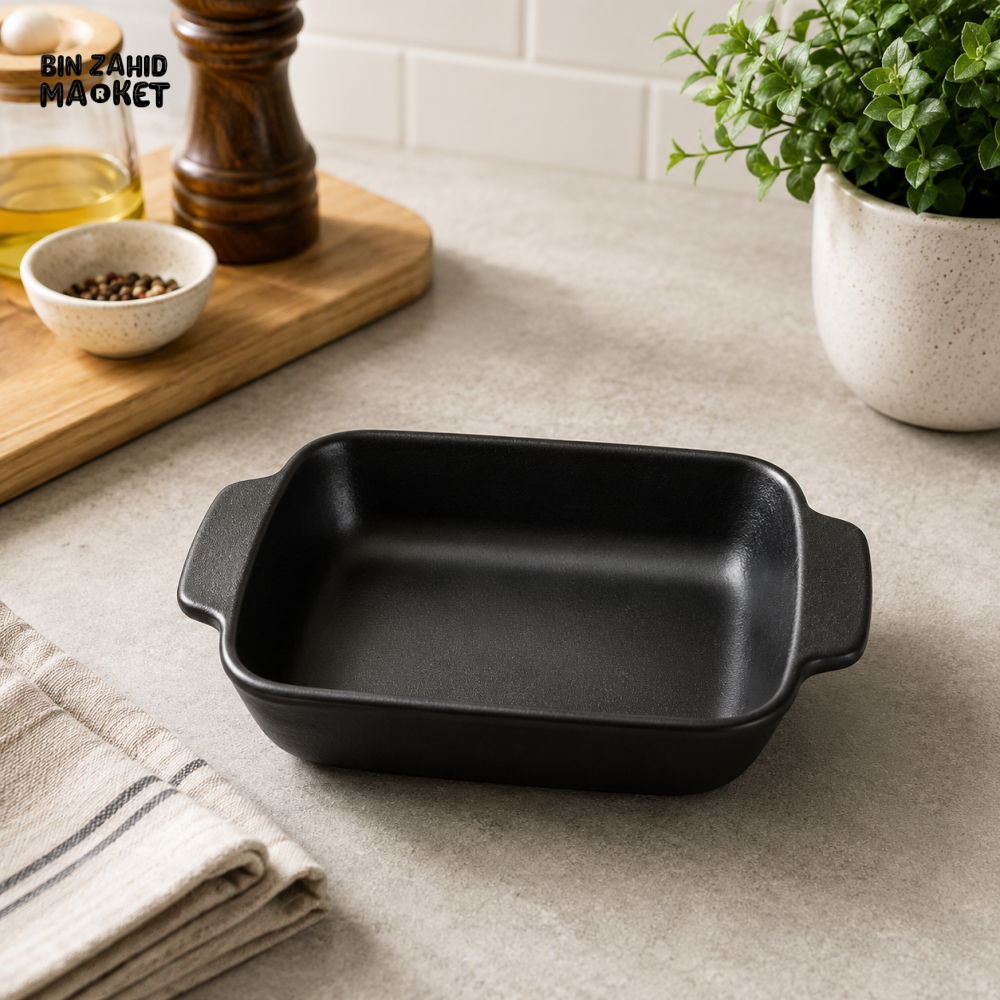 MATTE BLACK STONEWARE RECTANGULAR BAKING & SERVING DISH WITH HANDLES 7.0 INCH – 70CFKP