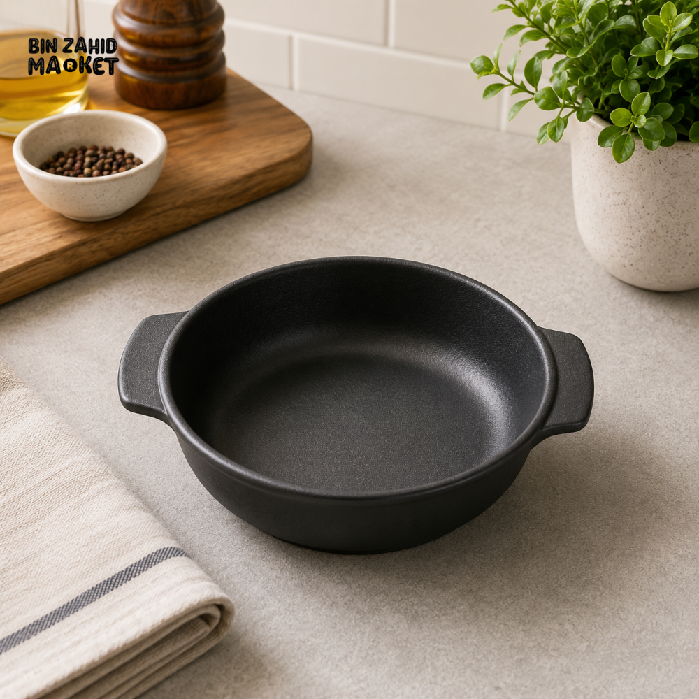 MATTE BLACK STONEWARE ROUND BAKEWARE DISH WITH HANDLES 8 INCH – 80YKP