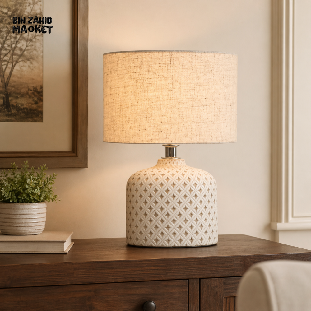 DANNY HOME MODERN CERAMIC TABLE LAMP WITH BEIGE FABRIC DRUM SHADE – DECORATIVE BEDROOM & LIVING ROOM LIGHTING TL-064-1