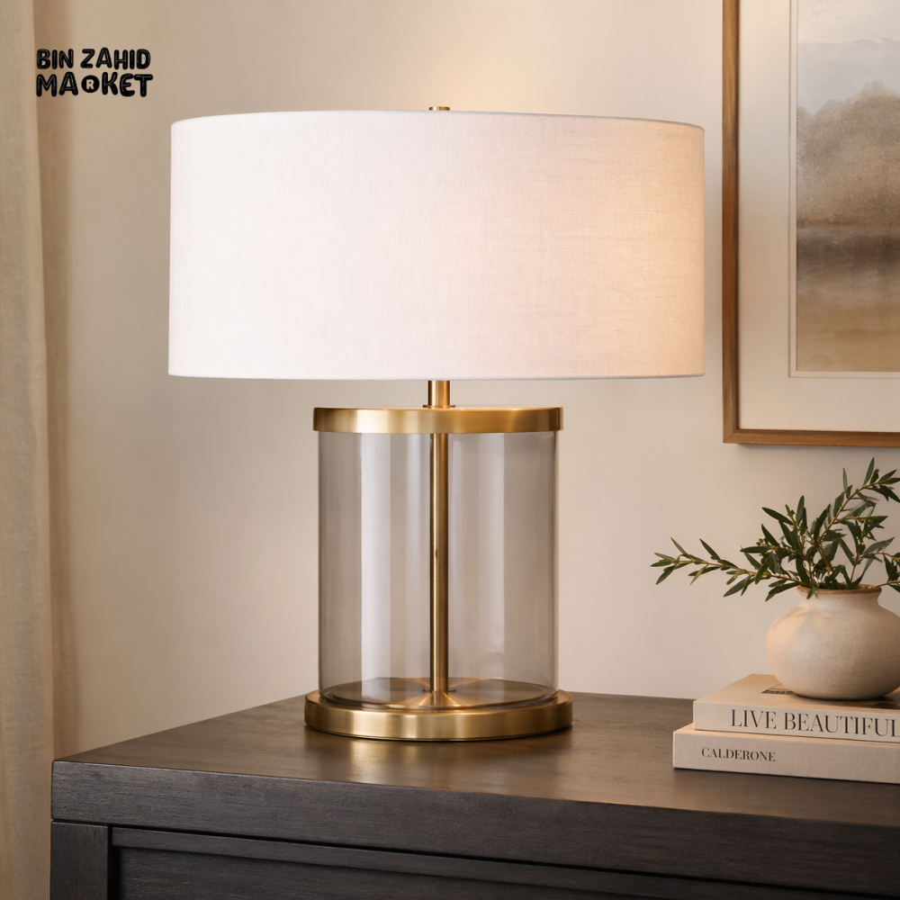 DANNY HOME MODERN GLASS CYLINDER TABLE LAMP WITH WHITE FABRIC SHADE – ELEGANT BEDROOM & LIVING ROOM LIGHTING TL-031
