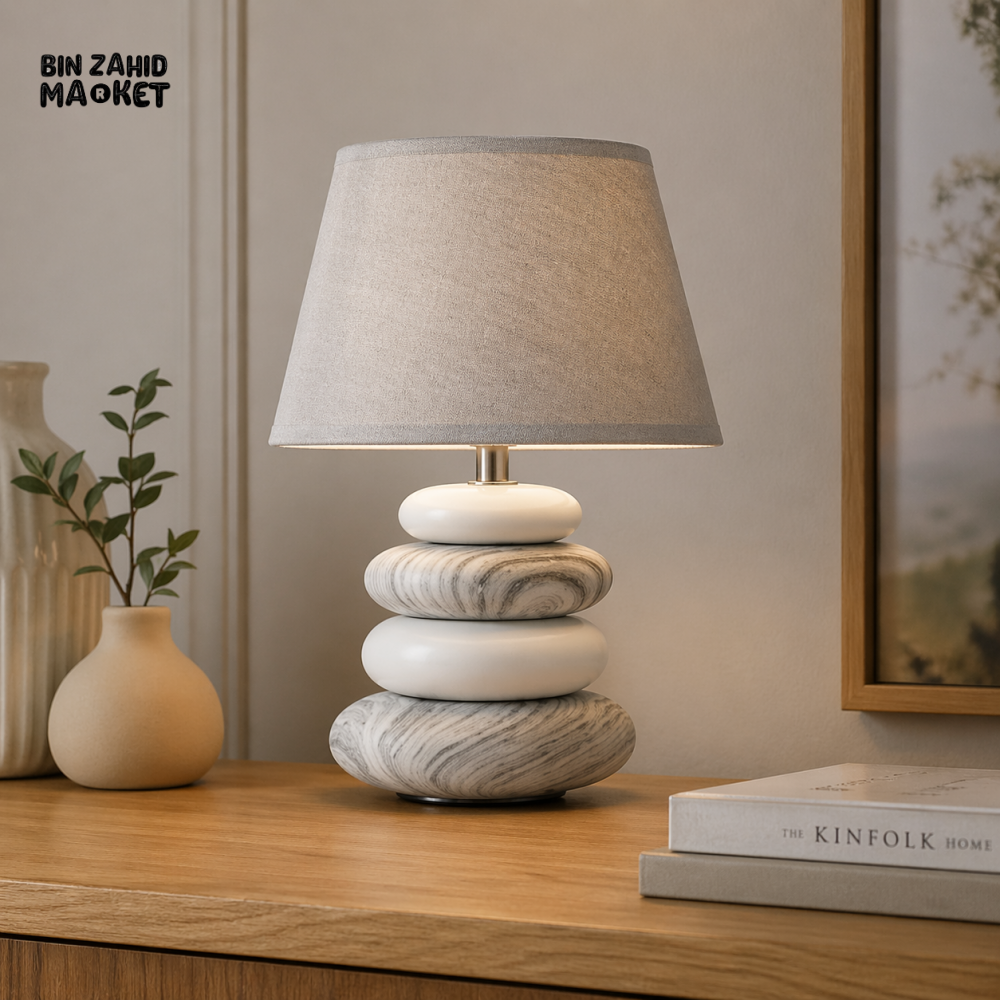 DANNY HOME MODERN GREY CERAMIC STACKED STONE TABLE LAMP WITH FABRIC SHADE 12 INCH TL-047-1