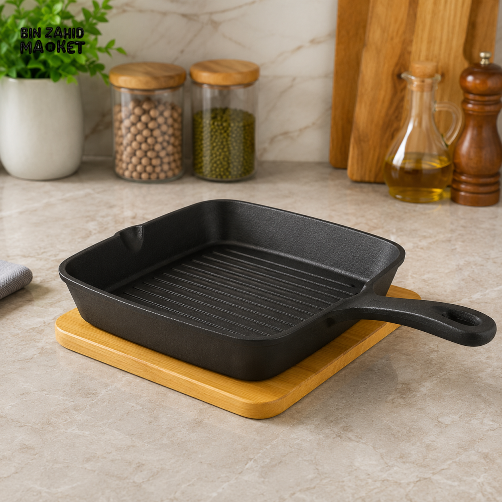 DANNY HOME NON-STICK SQUARE GRILL PAN WITH WOODEN SERVING BASE – ZYB195