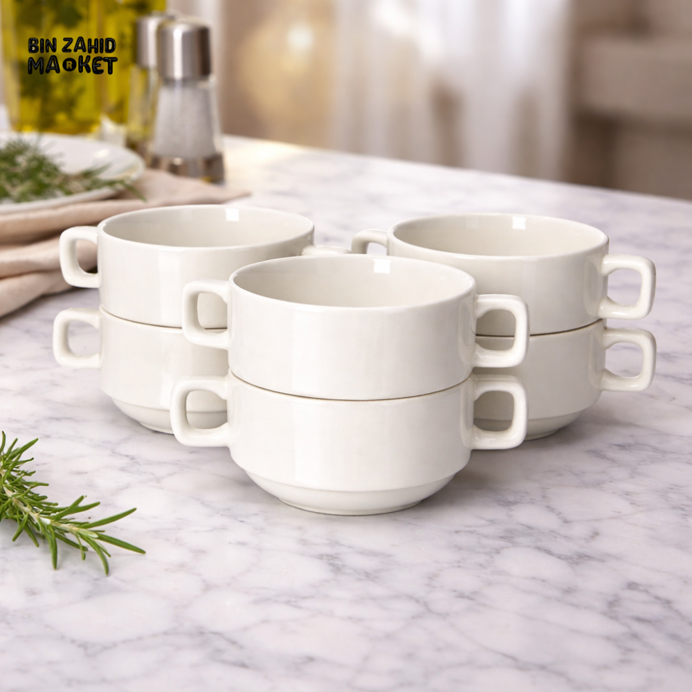 DANNY HOME OFF WHITE CERAMIC SOUP BOWL SET – 6 PIECE STACKABLE DESIGN – PREMIUM DINING COLLECTION - CP113