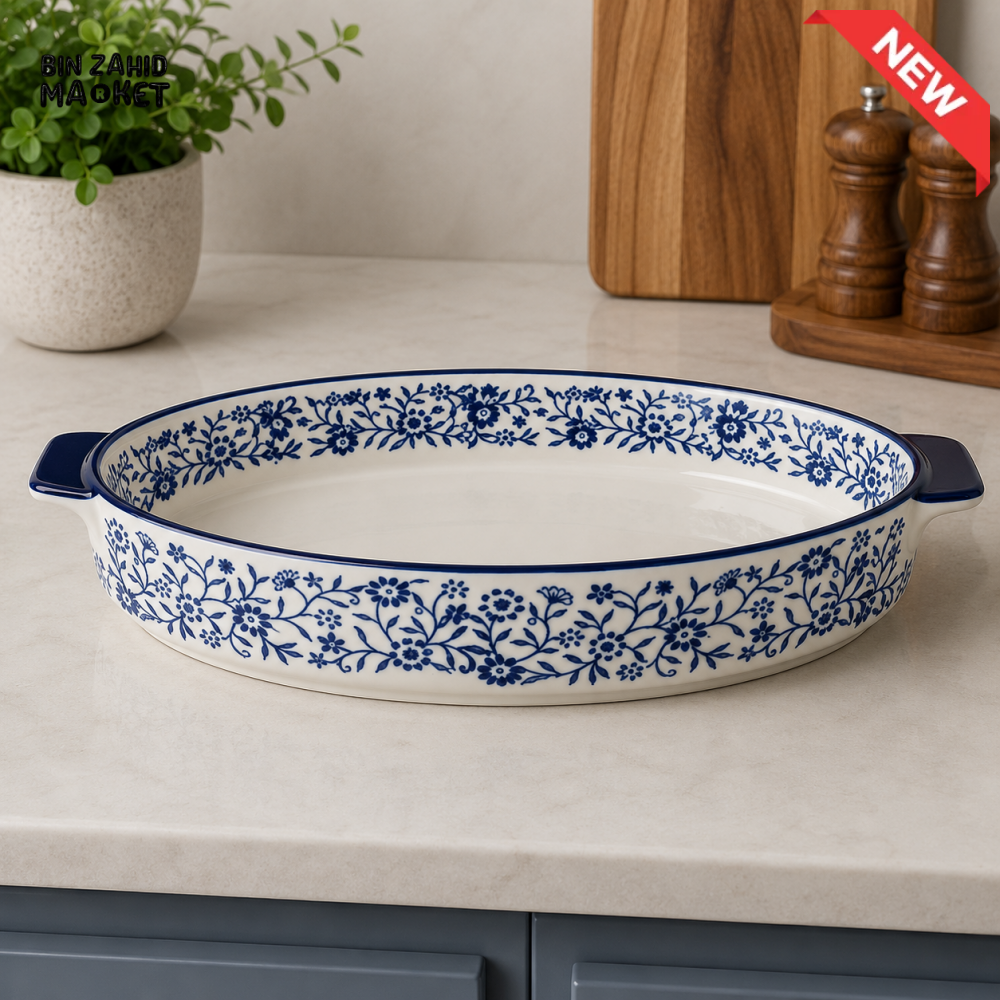 DANNY HOME OVAL CERAMIC SERVING DISH WITH HANDLES AND BLUE FLORAL DESIGN