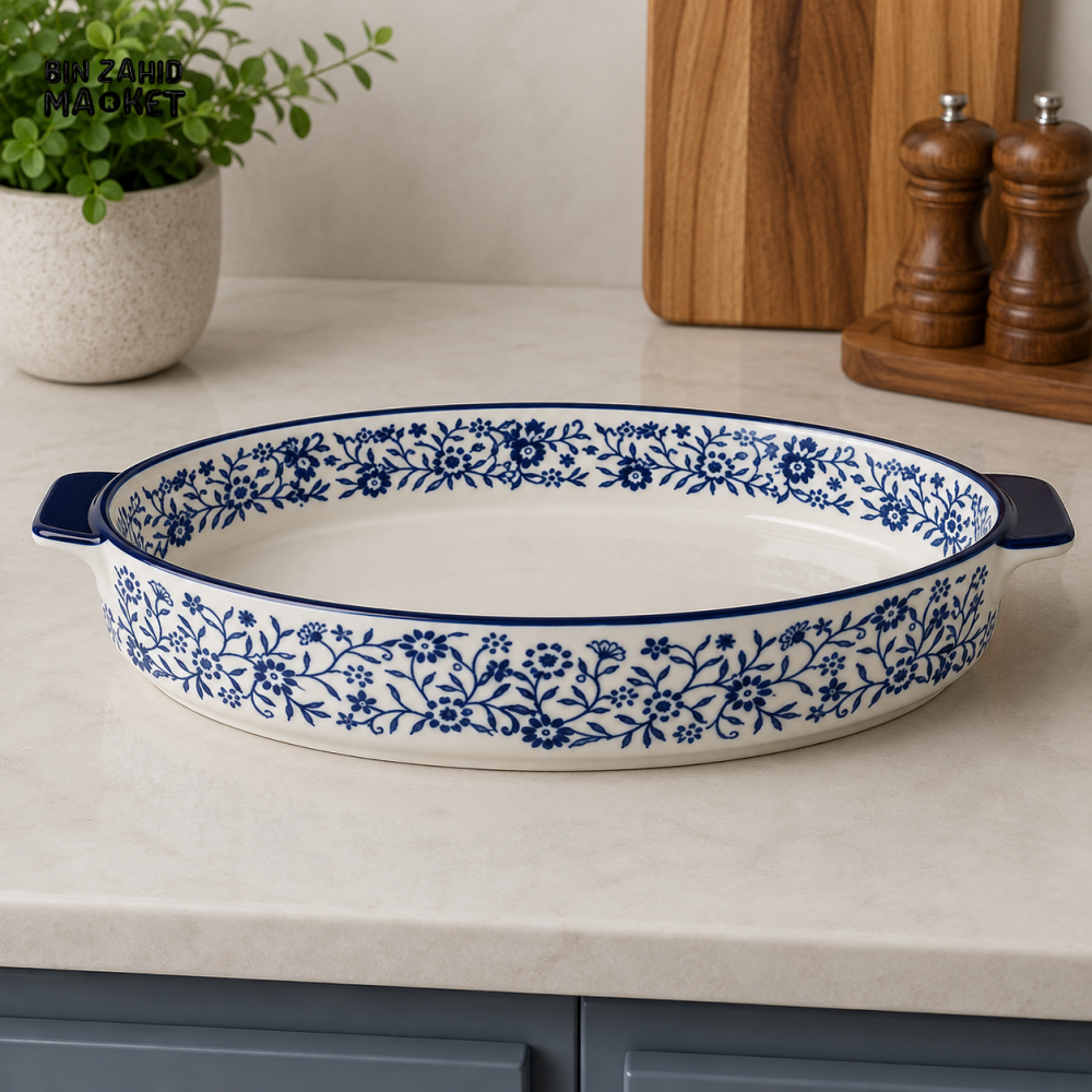 DANNY HOME OVAL CERAMIC SERVING DISH WITH HANDLES AND BLUE FLORAL DESIGN