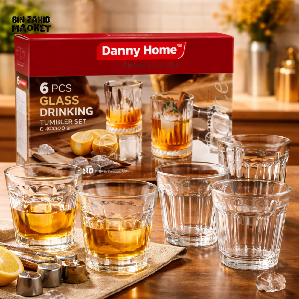 DANNY HOME PREMIUM 6PCS 360ML GLASS DRINKING TUMBLER SET – CLEAR DURABLE WATER JUICE WHISKEY GLASSES 1988-28