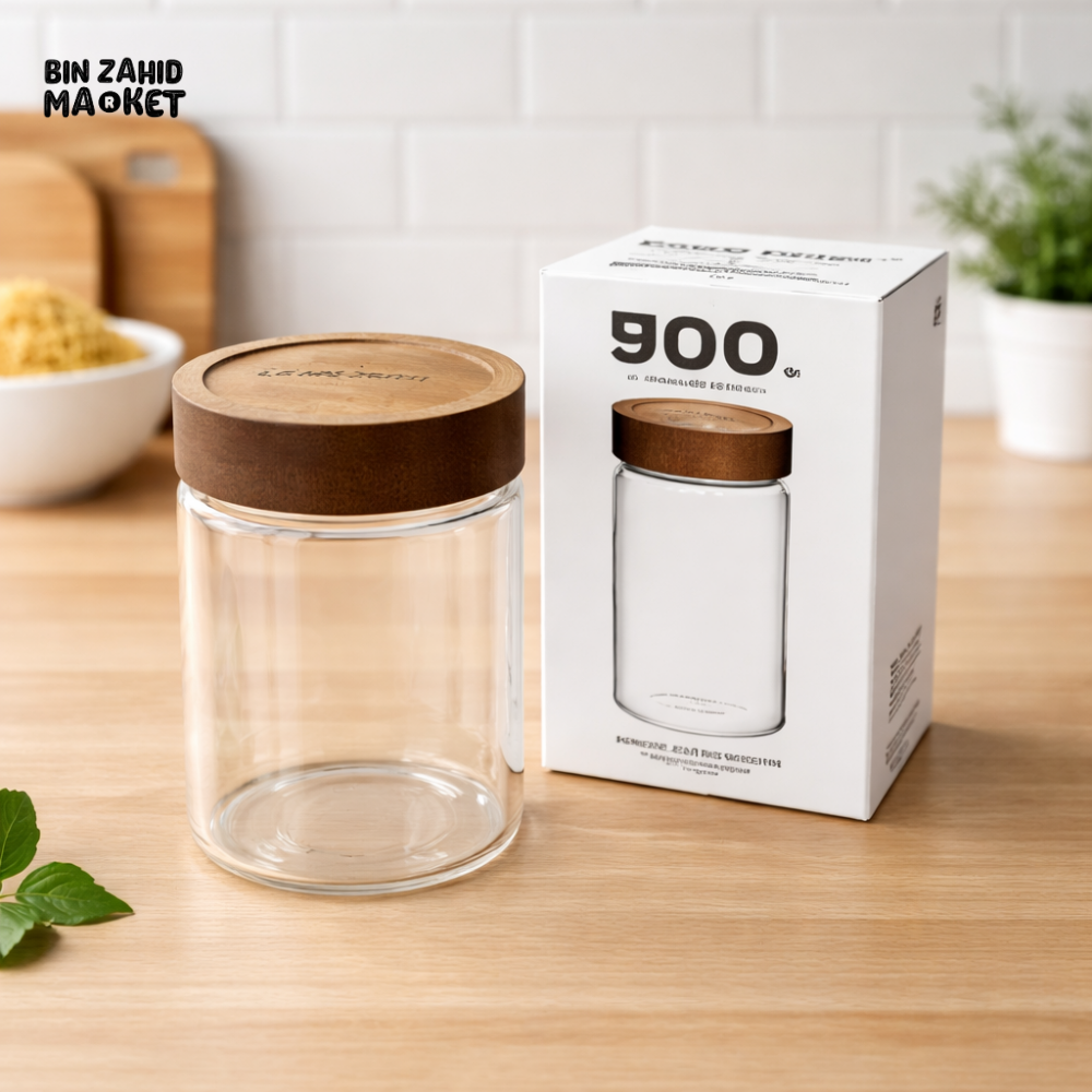 DANNY HOME PREMIUM 900ML GLASS STORAGE JAR WITH AIRTIGHT WOODEN LID FOR KITCHEN ORGANIZATION AND FOOD STORAGE 1966-91