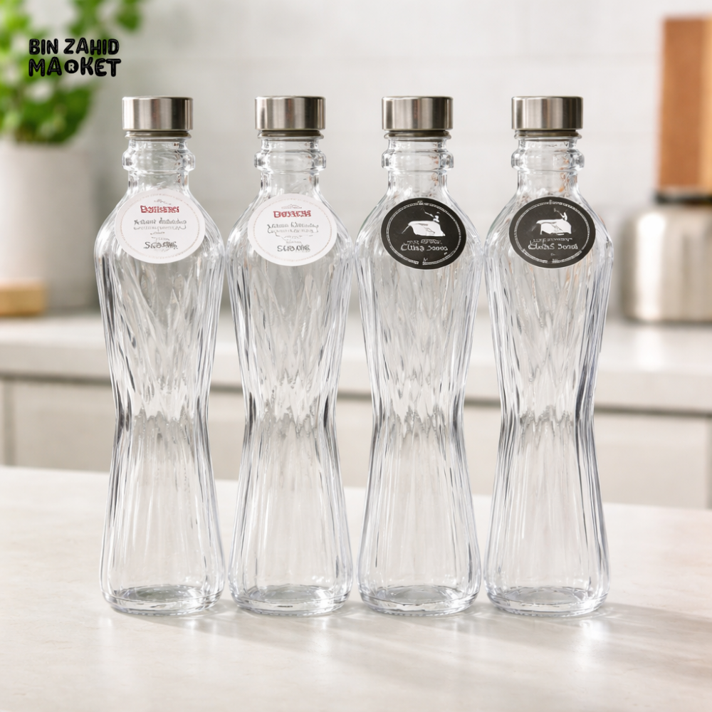 DANNY HOME PREMIUM CLEAR GLASS WATER & BEVERAGE STORAGE BOTTLE 1000ML WITH METAL CAP – ELEGANT REUSABLE KITCHEN