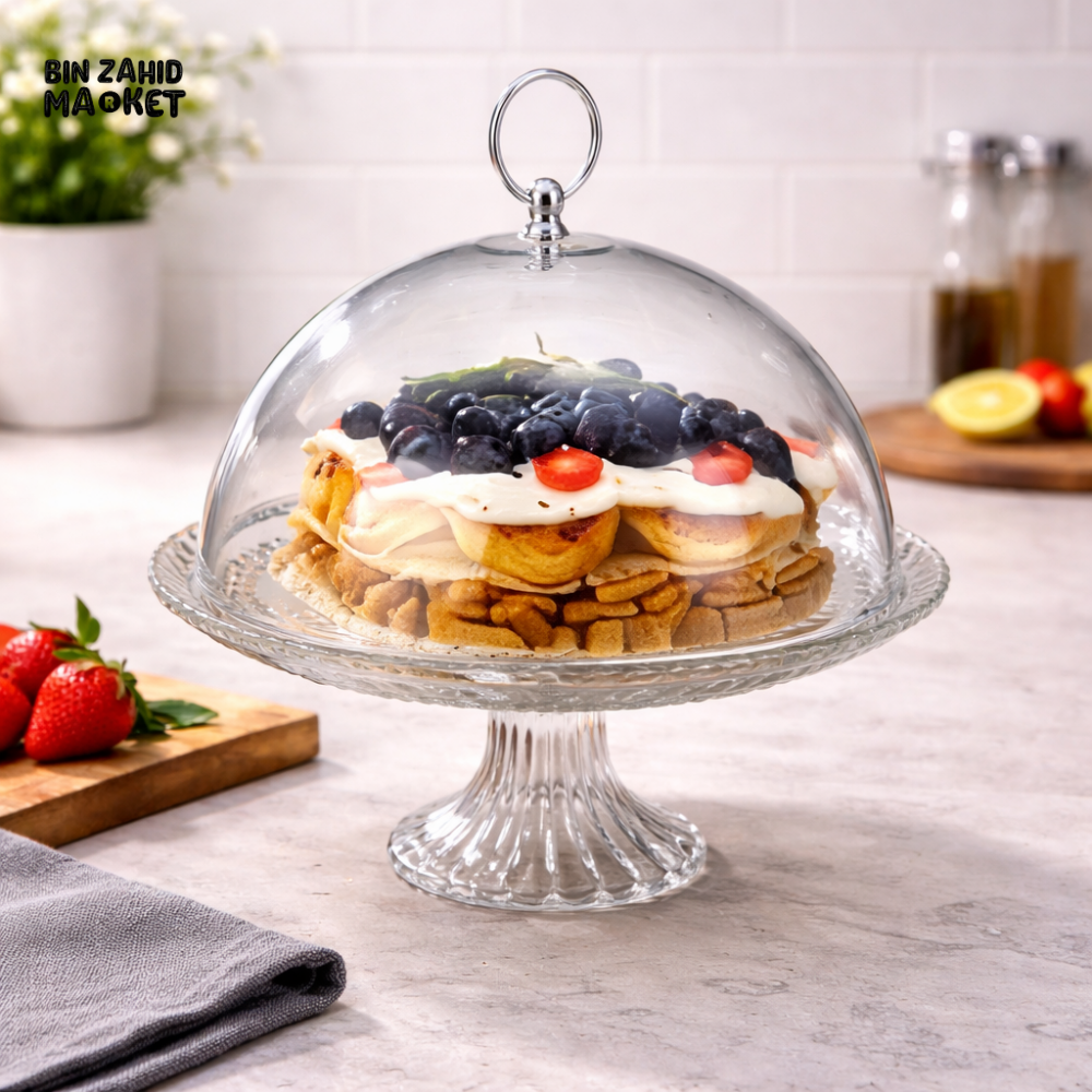 DANNY HOME PREMIUM GLASS CAKE STAND WITH DOME COVER SET ELEGANT DESSERT DISPLAY SERVING PLATE 31X21.5CM SD-025