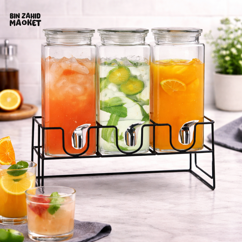 DANNY HOME PREMIUM GLASS DRINK DISPENSER SET 4PCS 2300ML EACH WITH TAP AND METAL STAND BEVERAGE SERVER SD-034