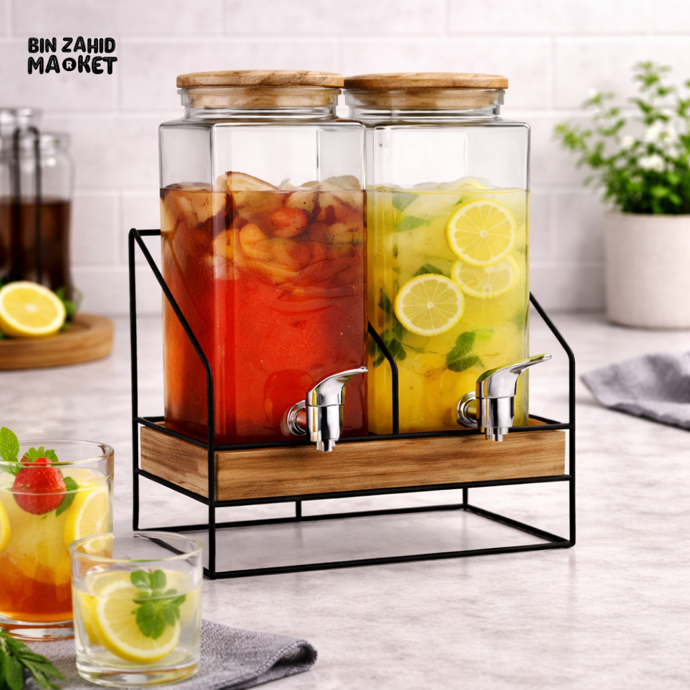 DANNY HOME PREMIUM GLASS DRINK DISPENSER SET 4PCS 2340ML EACH WITH TAP AND METAL STAND BEVERAGE SERVER SD-035