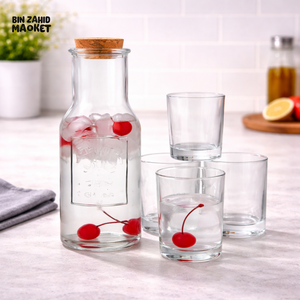 DANNY HOME PREMIUM GLASS DRINKING BOTTLE SET 5PCS CARAFE WITH 4 MATCHING GLASSES BEVERAGE SERVING SET SD-017
