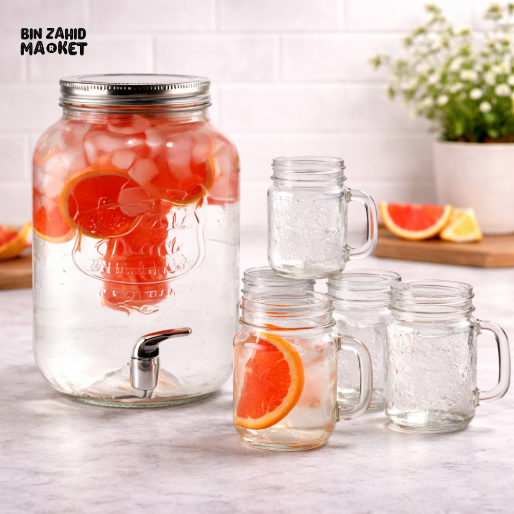 DANNY HOME PREMIUM GLASS DRINKS DISPENSER SET 5PCS LARGE CAPACITY BEVERAGE SERVER WITH TAP AND MASON JAR CUPS SD-028
