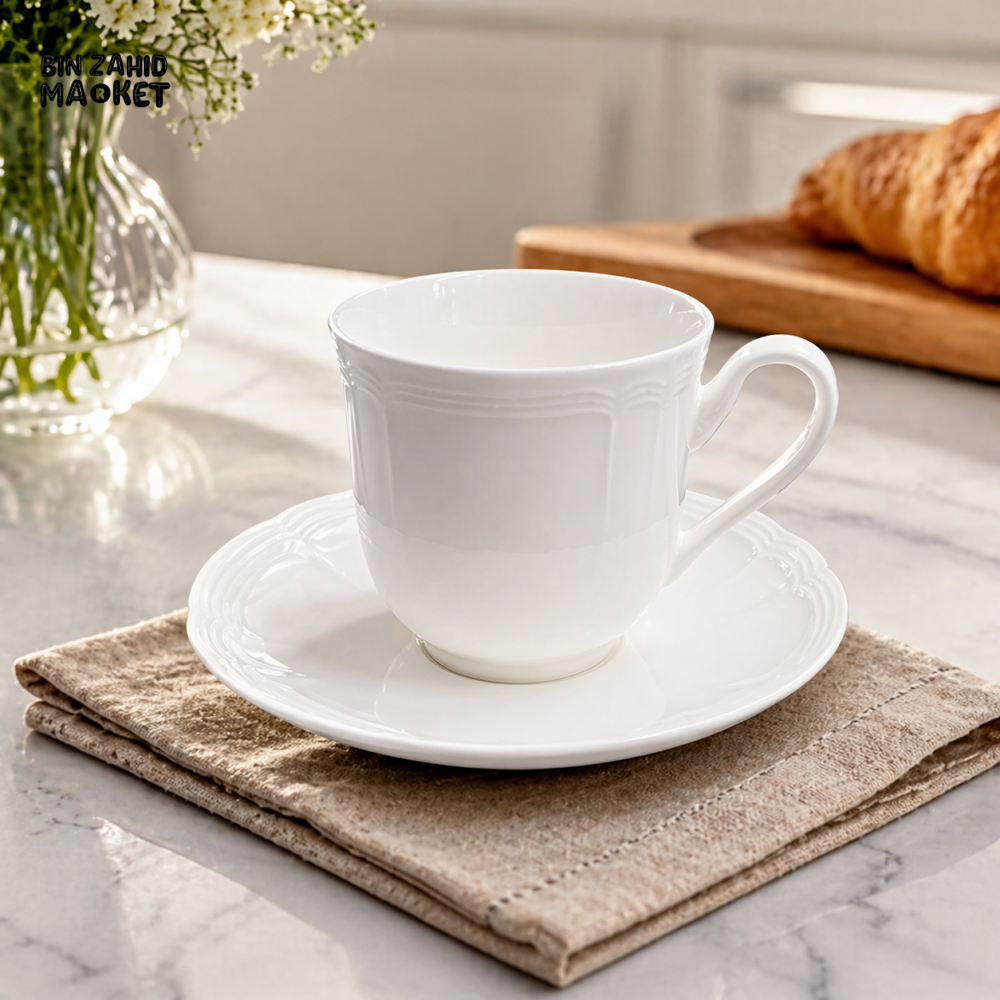 DANNY HOME PREMIUM PORCELAIN TEA & COFFEE CUP AND SAUCER SET 230ML 6PCS ELEGANT WHITE DRINKWARE SET BW20-88