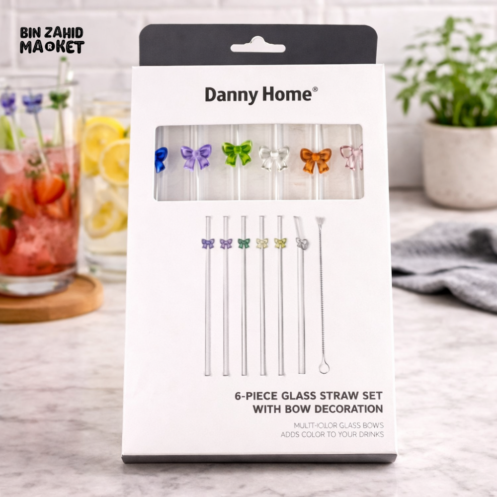 DANNY HOME PREMIUM REUSABLE GLASS STRAW SET 7PCS 20CM ECO FRIENDLY BOROSILICATE DRINKING STRAWS WITH CLEANING BRUSH