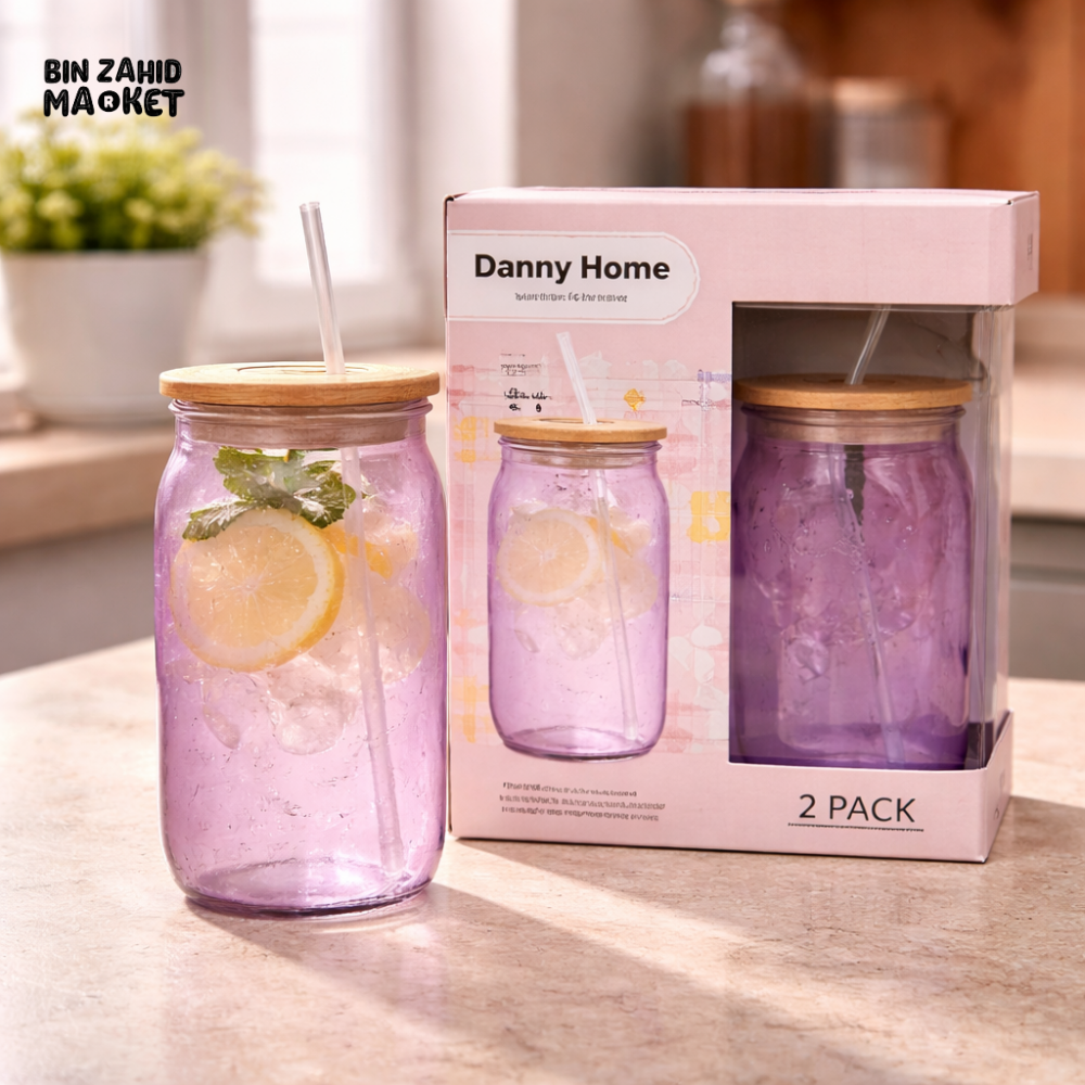 DANNY HOME PURPLE GLASS MASON JAR TUMBLER SET WITH BAMBOO LID AND STRAW REUSABLE DRINKING CUP 2PCS CBB34C