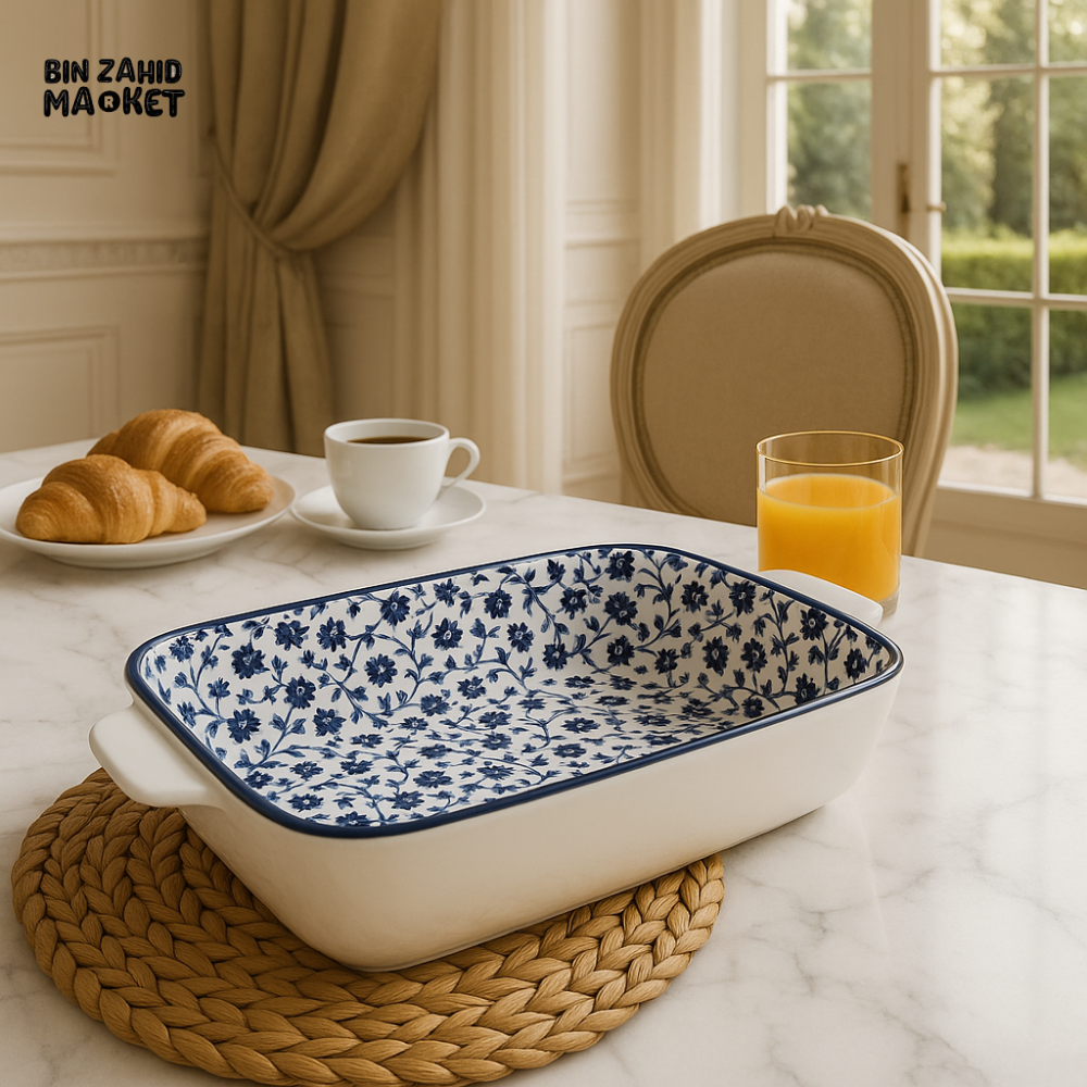 DANNY HOME RECTANGULAR CERAMIC BAKING DISH – BLUE FLORAL DESIGN OVEN SAFE CASSEROLE TRAY WITH HANDLES 8 80FKP