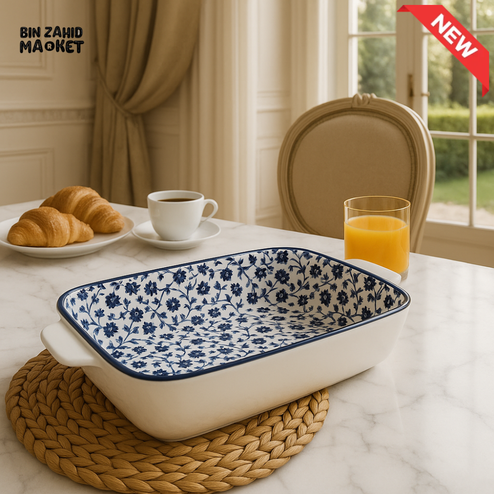 DANNY HOME RECTANGULAR CERAMIC BAKING DISH – BLUE FLORAL DESIGN OVEN SAFE CASSEROLE TRAY WITH HANDLES 8 80FKP