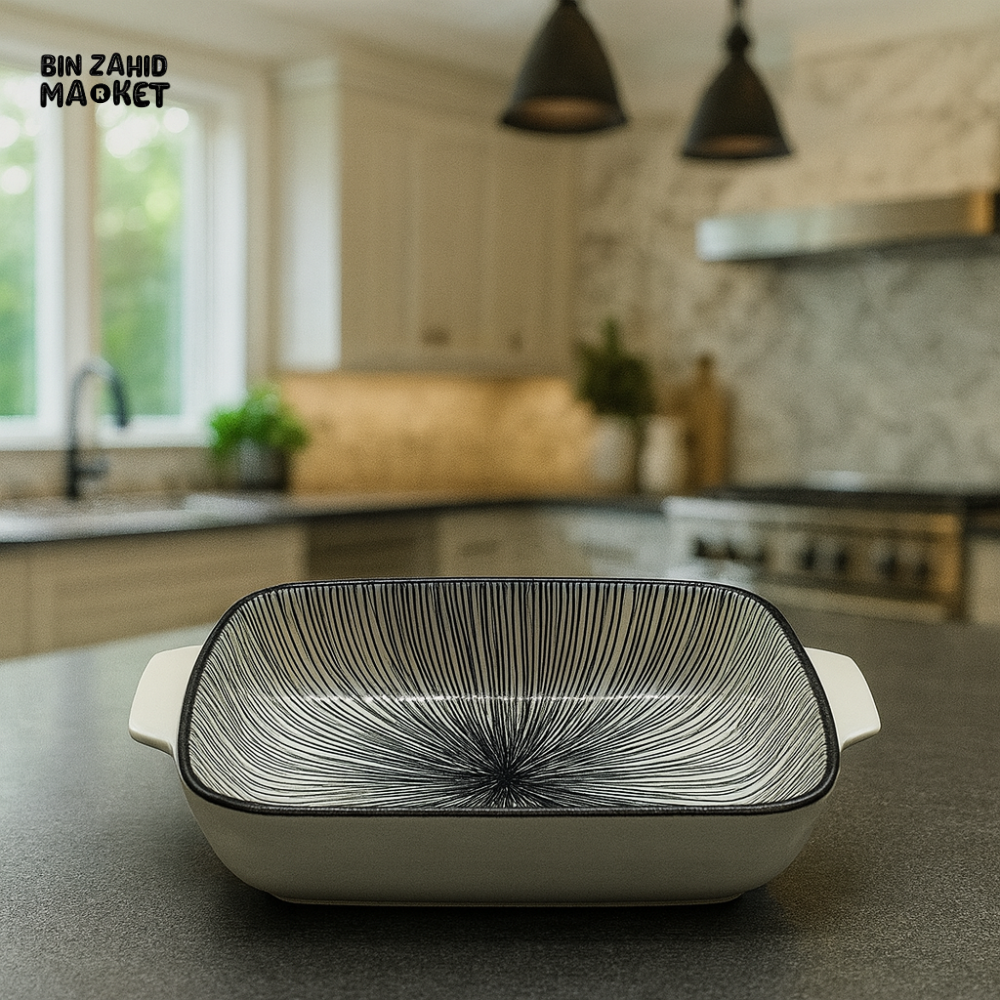 DANNY HOME RECTANGULAR CERAMIC BAKING DISH – MODERN BLACK LINE DESIGN OVEN SAFE CASSEROLE TRAY WITH HANDLES 9 90CFKP