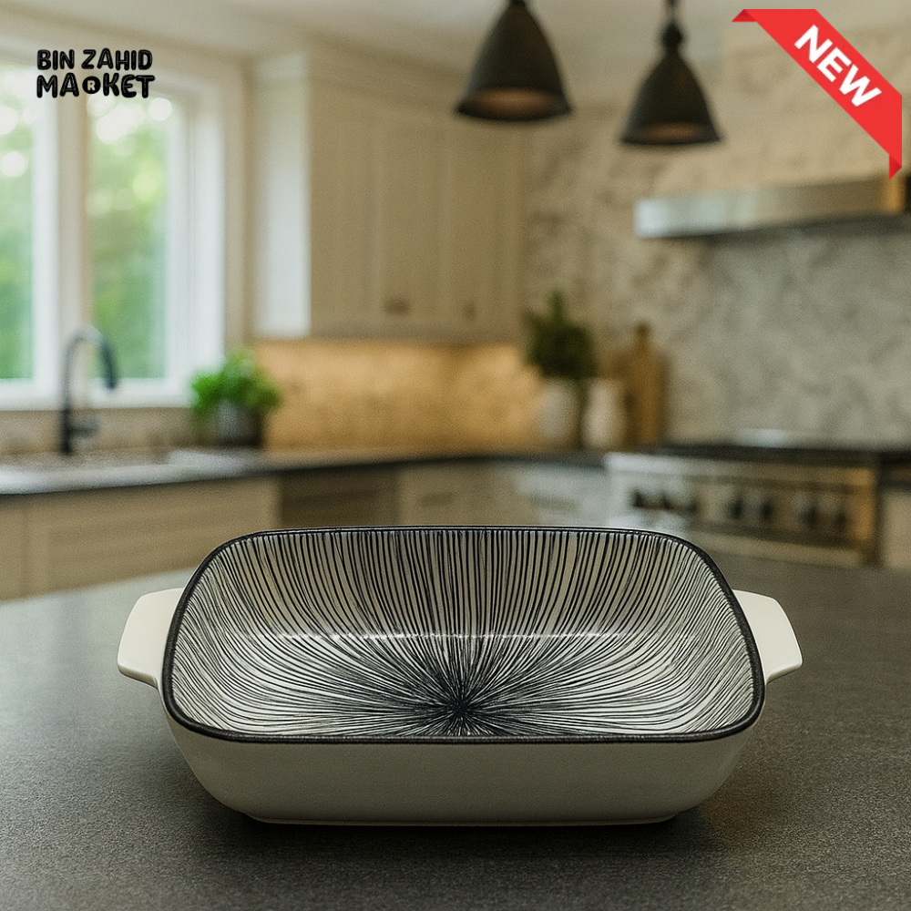 DANNY HOME RECTANGULAR CERAMIC BAKING DISH – MODERN BLACK LINE DESIGN OVEN SAFE CASSEROLE TRAY WITH HANDLES 9 90CFKP