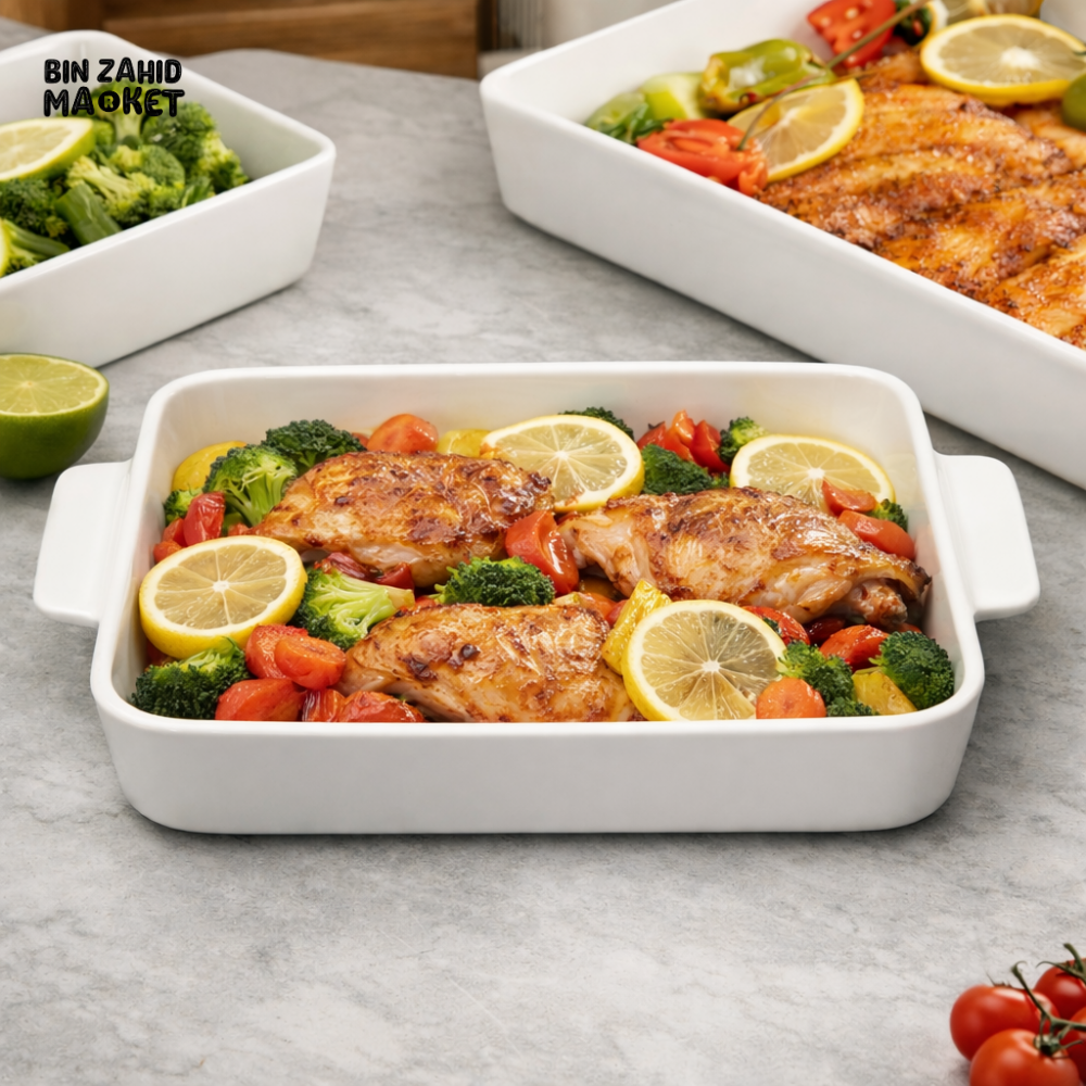 DANNY HOME RECTANGULAR CERAMIC BAKING DISH WITH HANDLES 25.4CM – OVEN SAFE SERVING TRAY WHITE KITCHEN BAKEWARE - W1000