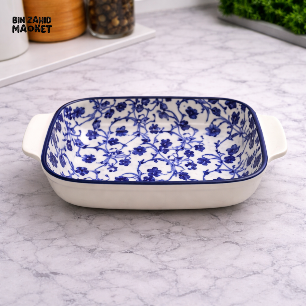RECTANGULAR CERAMIC BAKING DISH WITH HANDLES – BLUE FLORAL OVEN SAFE CASSEROLE PAN