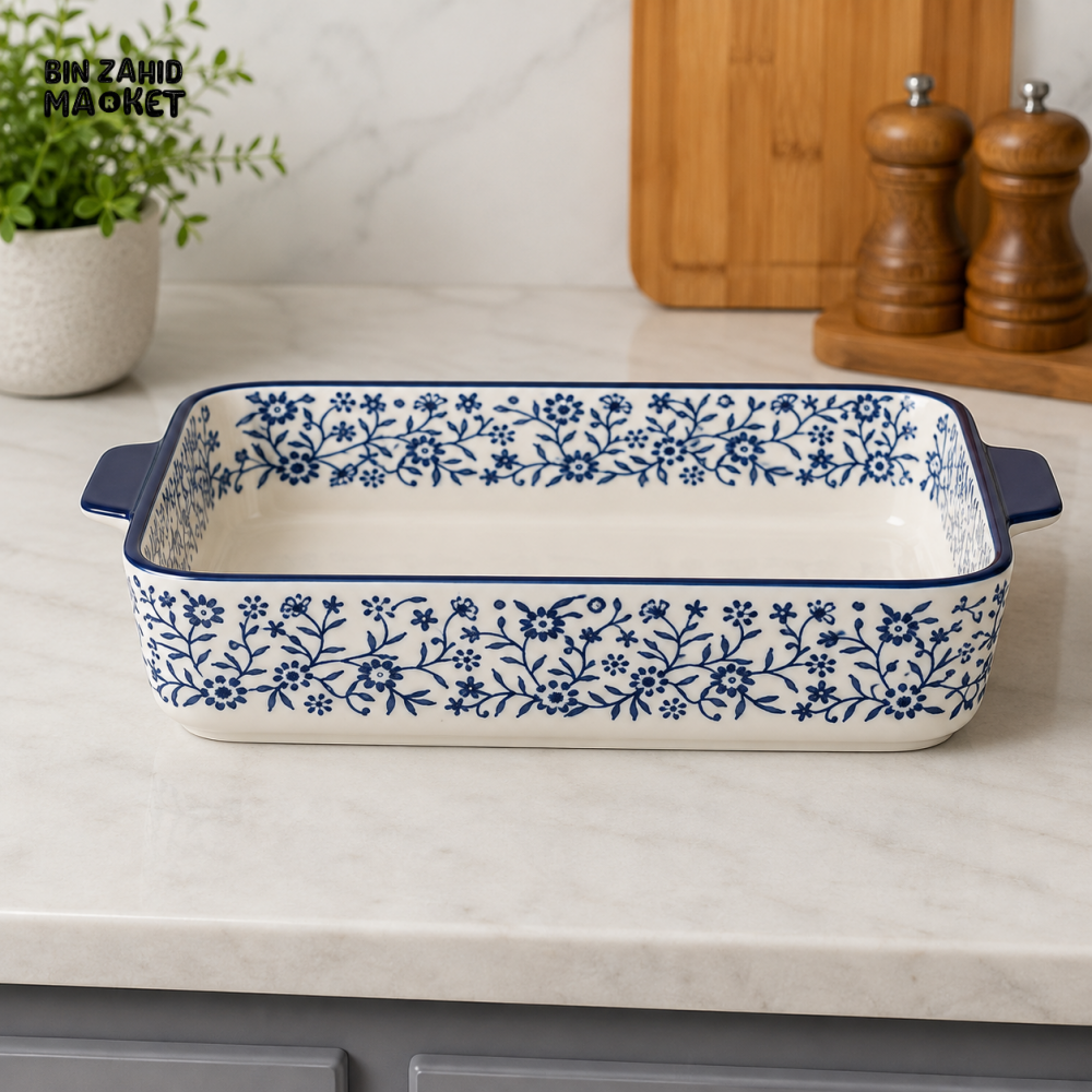 DANNY HOME RECTANGULAR CERAMIC SERVING DISH WITH HANDLES AND BLUE FLORAL DESIGN - 11 INCHES