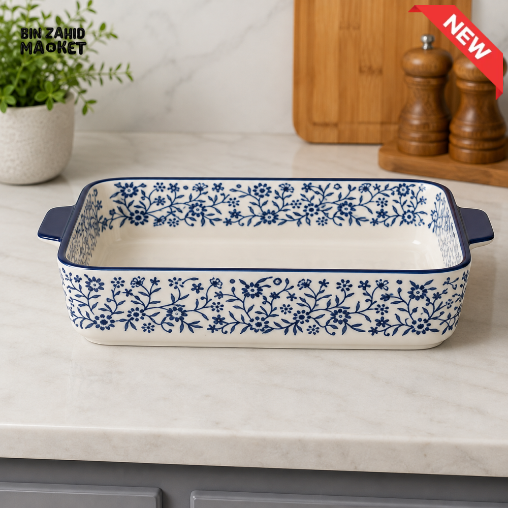 DANNY HOME RECTANGULAR CERAMIC SERVING DISH WITH HANDLES AND BLUE FLORAL DESIGN - 11 INCHES