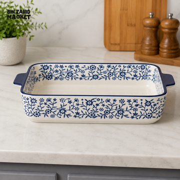 DANNY HOME RECTANGULAR CERAMIC SERVING DISH WITH HANDLES AND BLUE FLORAL DESIGN - 11 INCHES